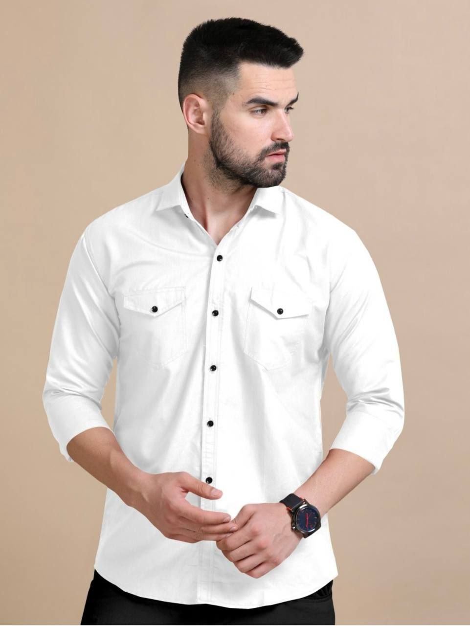 MEN'S EXCLUSIVE TWILL COTTON PLAIN DOUBLE POCKET SHIRT